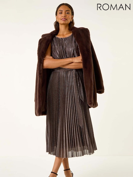 Roman Brown Metallic Pleated Midi Dress (G05501) | 483 QAR