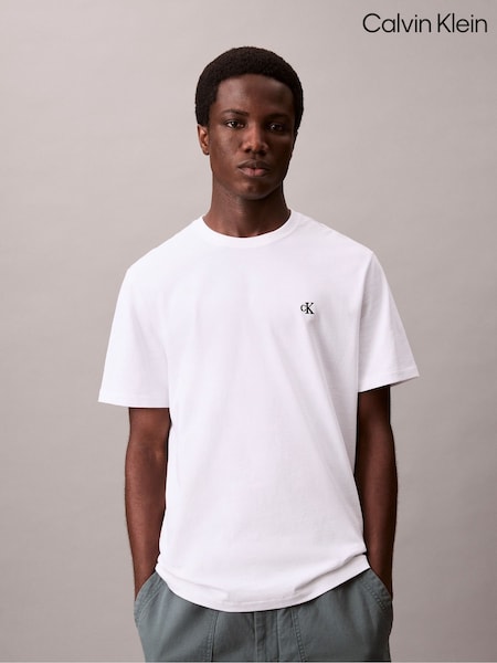 Calvin Klein White Embroidered Monogram Logo Relaxed T-Shirt (G05506) | OMR26