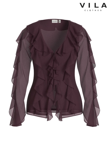 VILA Purple Long Sleeve V-Neck Frill Kimono Blouse (G05581) | €48