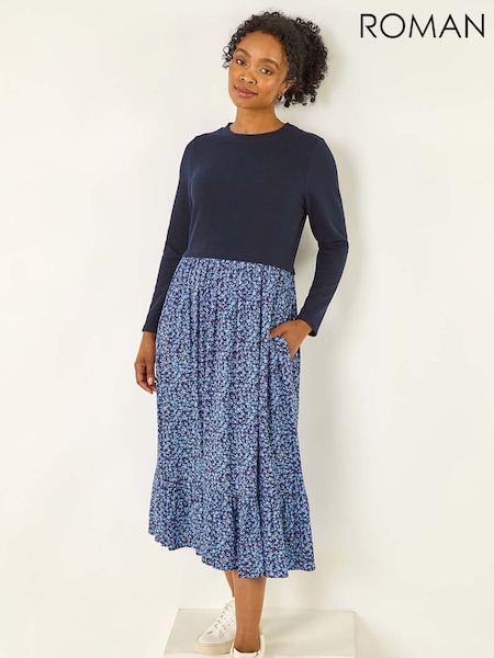 Roman Blue Petite Contrast Tiered Midi Dress (G05618) | €73