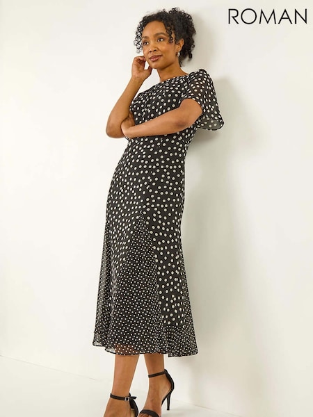 Roman Black Spot Print Godet Hem Midi Dress (G05620) | €86