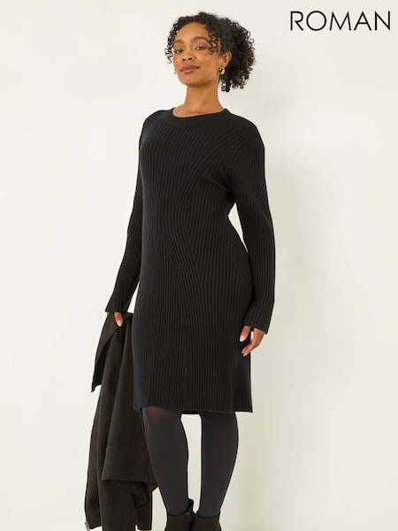 Roman Black Petite Ribbed Knitted Dress (G05625) | €60