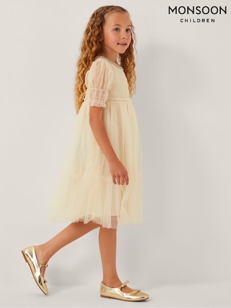 Monsoon Gold Natalie Puff Sleeve Shimmer Tulle Dress (G05717) | €64 - €77