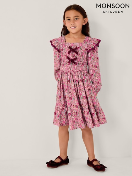 Monsoon Pink Floral Long Sleeve Bow Dress (G05720) | €40 - €46