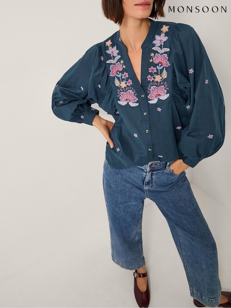 Monsoon Blue Bria Embroidered Blouson Blouse (G05797) | €98