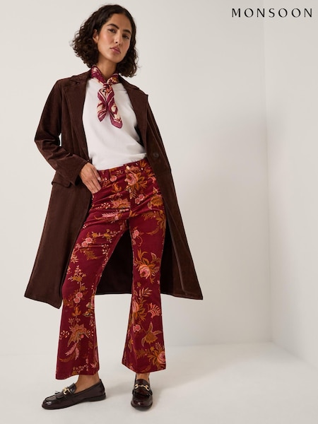 Monsoon Red Yasmina Floral Corduroy Flare Trousers (G05799) | €91