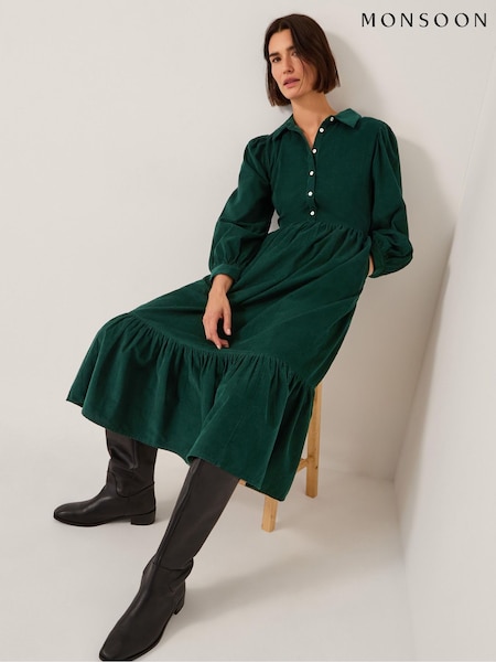 Monsoon Green Adriana Corduroy Midi Shirt Dress (G05802) | €113