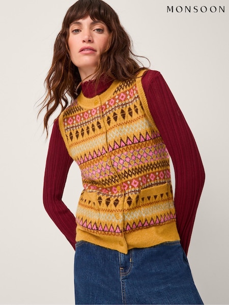 Monsoon Yellow Fleur Fair Isle Pattern Button Knitted Cardigan (G05805) | €78