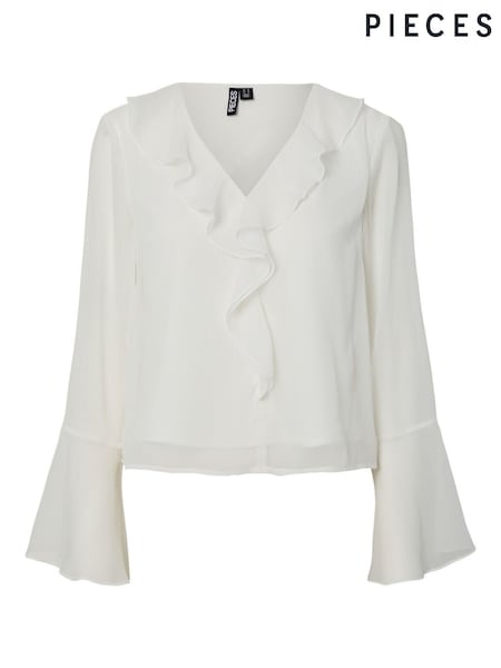 PIECES White Ruffle Bell Sleeve Blouse (G05825) | R$ 315