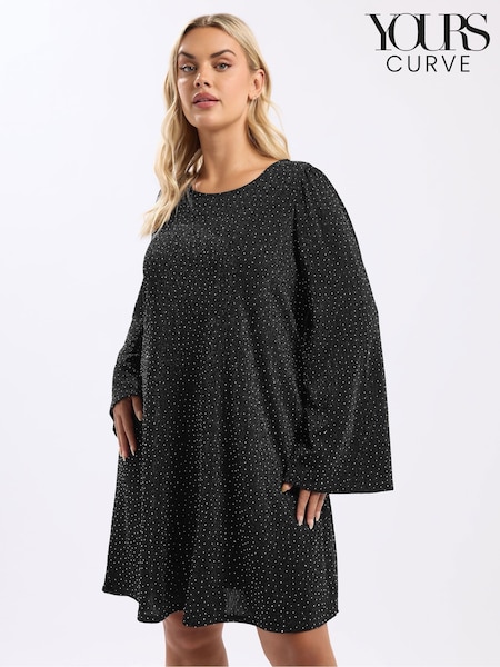 Yours Curve Black Flute Sleeve Sparkle Swing Dress (G05931) | R$ 365