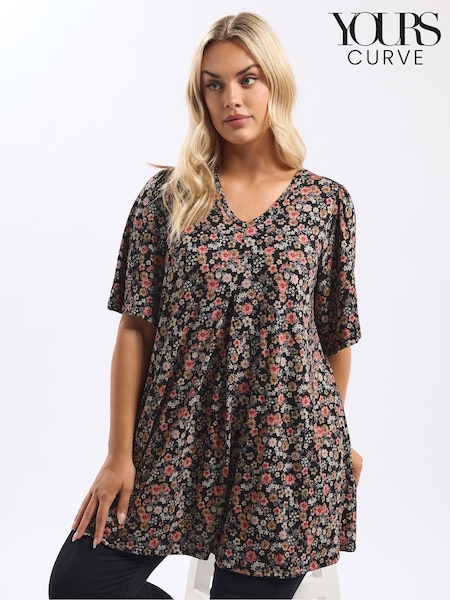 Yours Curve Black Floral Pleated Front Top (G05934) | R$ 265
