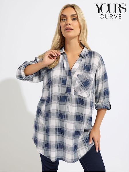 Yours Curve Blue Viscose Overhead Check Shirt (G05949) | €36