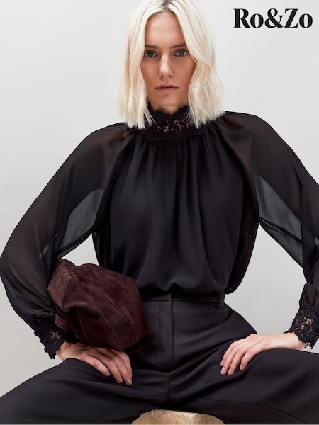 Ro&Zo Black Lace Neck And Cuff Blouse (G06032) | 391 QAR
