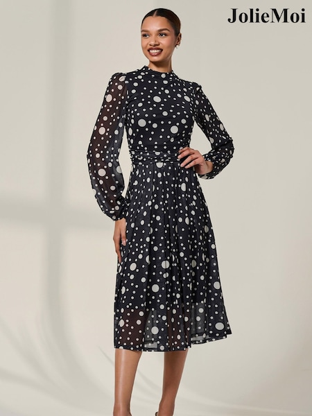 Jolie Moi Black Crew Neck Pleated Long Sleeve Midi Dress (G06041) | €99
