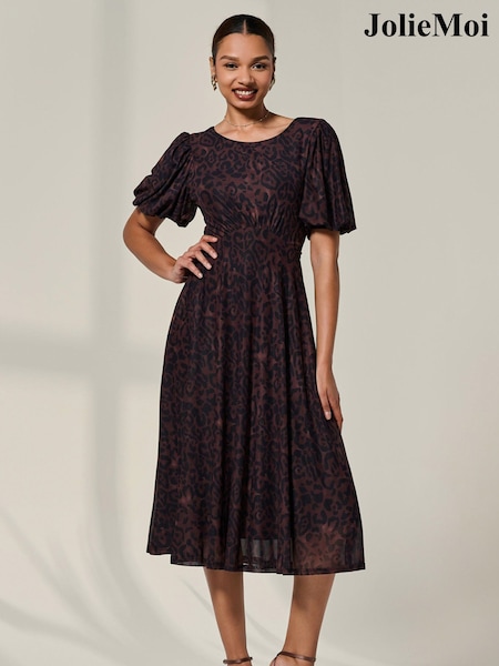 Jolie Moi Brown Puff Sleeve Mesh Midi Dress (G06050) | €99
