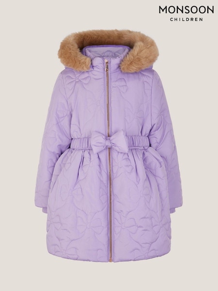 Monsoon Purple Faux Fur Hooded Bow Quilted Coat (G06115) | €77 - €90