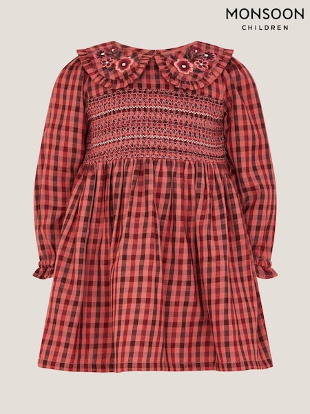 Monsoon Brown Baby Check Long Sleeve Shirred Dress (G06117) | €42 - €45