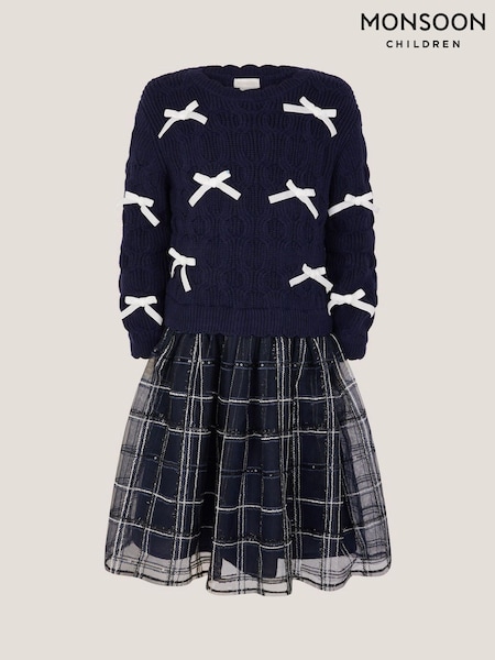 Monsoon Blue Bow Knit 2-In-1 Check Dress (G06128) | €56 - €62