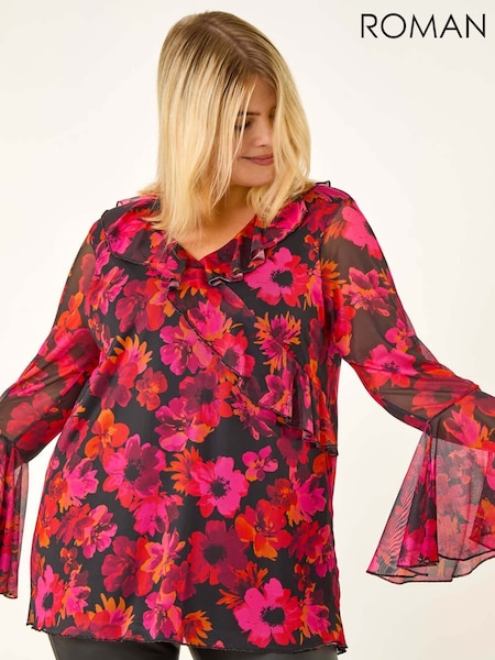 Roman Pink Curve Floral Ruffle Mesh Blouse (G06220) | €60