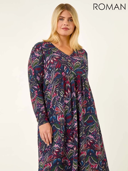 Roman Blue Paisley Soft Stretch V-Neck Dress (G06222) | €58