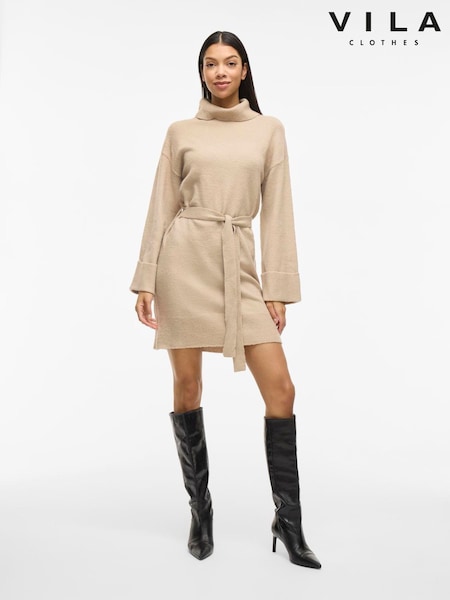 VILA Brown Long Sleeve Tie Belt Knit Dress (G06229) | €50