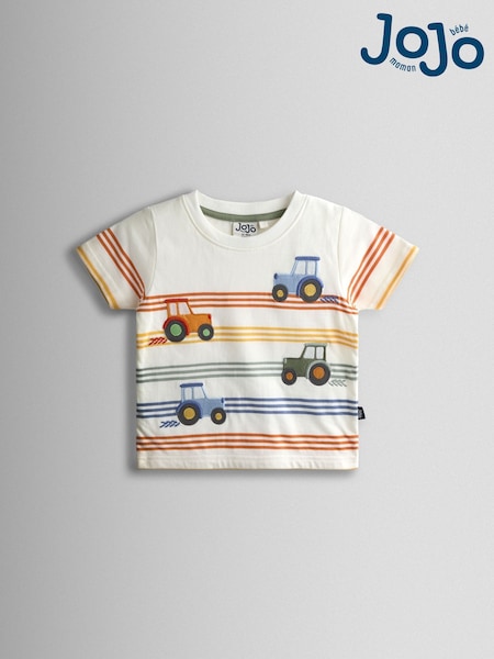 JoJo Maman Bébé Cream Tractor Appliqué Stripe T-Shirt (G06300) | €19.50 - €22.50