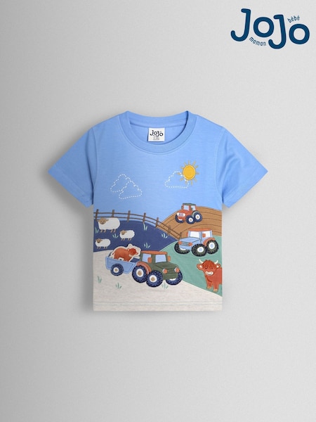 JoJo Maman Bébé Blue Farm Scene Interactive Appliqué T-Shirt (G06308) | kr320 - kr380