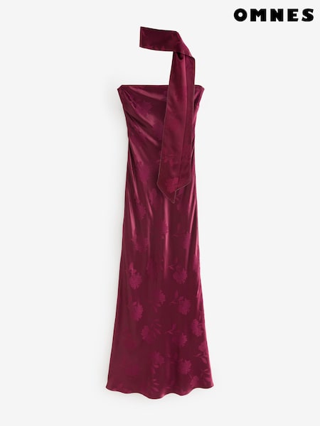 Omnes Red Myla Maxi Fitted Ecovero Floral Jacquard Dress with Matching Scarf Detail (G06676) | €170