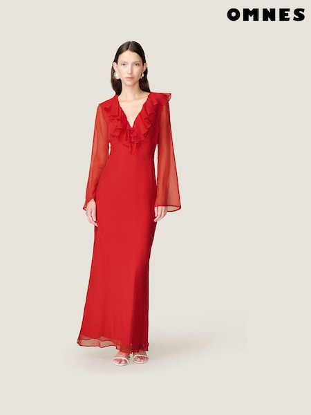 Omnes Red Yvette Chiffon V-Neck Flared Sleeves Ruffle Detail Dress (G06744) | €118