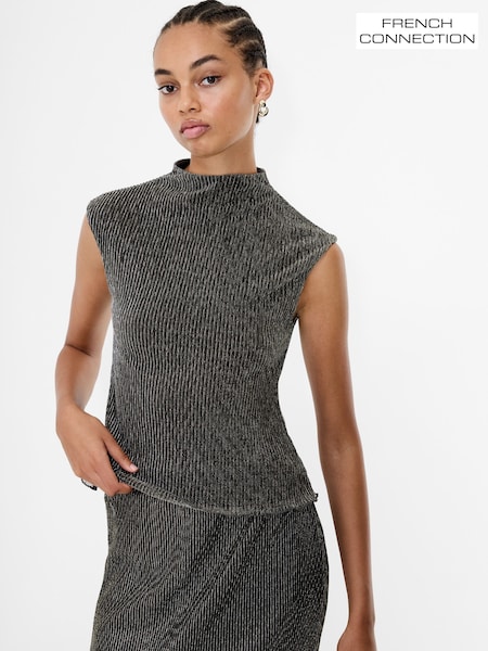 French Connection Black Tamy Lurex Plisse Sleeveless Top (G06935) | €84