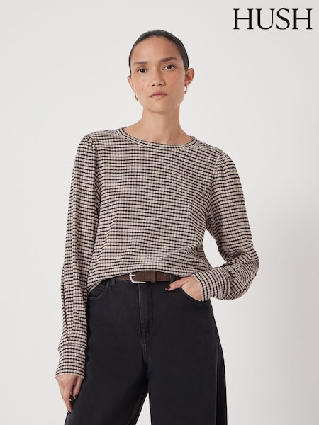 Brown - Hush Emily Gingham Puff Sleeve Top