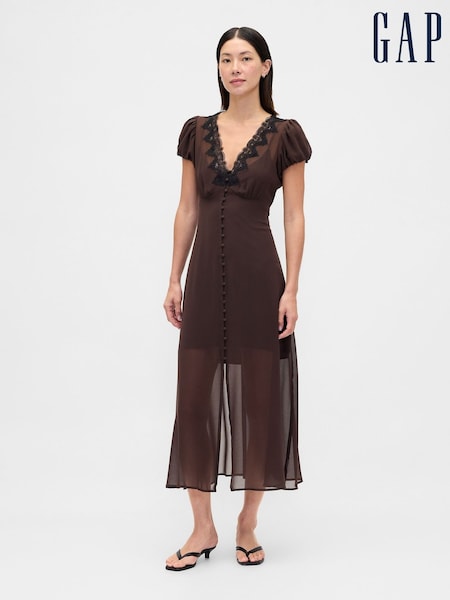Gap Brown Lace-Trim V Neck Maxi Dress (G07263) | €113