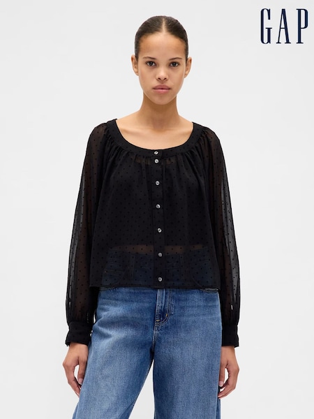 črna - Gap Sheer Button-Front Top (G07339) | € 59