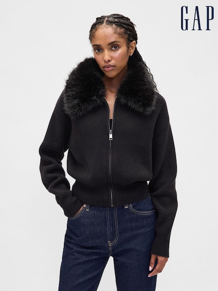 Gap Black CashSoft Faux-Fur Collar Zip Cardigan (G07355) | €113