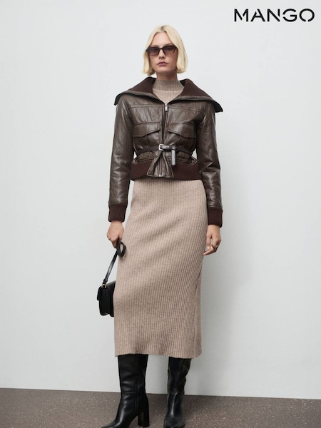 Mango Brown High Neck Ribbed Dress (G07495) | €63