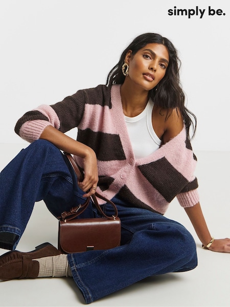 Simply Be Pink Fluffy Overstitch Knitted Boyfriend Cardigan (G07638) | €48