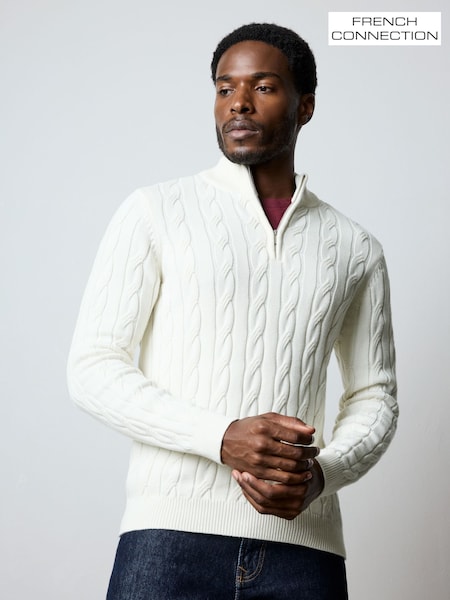 French Connection Natural Cotton Cable Knit ¼ Zip Funnel Neck Jumper (G07650) | kr1 084