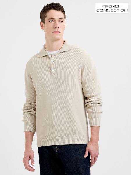 French Connection Natural Cotton Ribbed Heavy Knit Long Sleeve Polo Shirt (G07652) | OMR40