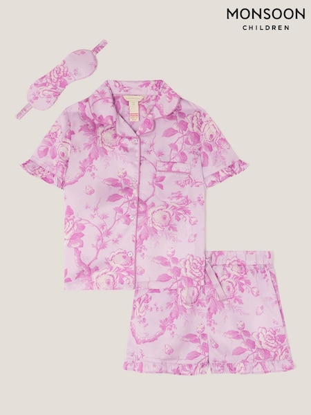 Monsoon Purple Floral Satin Short Pyjamas & Sleep Mask Set (G07668) | AED199 - AED213