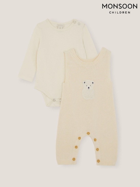 Monsoon Natural Newborn Polar Bear Knitted Dungarees Set (G07669) | €46