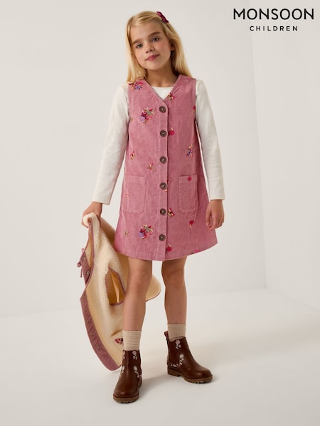 Monsoon Pink Embroidered Corduroy Pinafore Dress (G07679) | €50 - €57