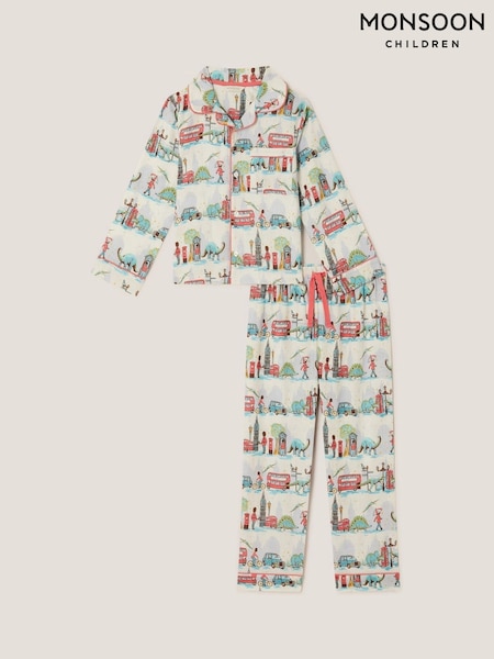 Monsoon Natural Dinosaur London Print Long Pyjamas Set (G07696) | €37 - €42