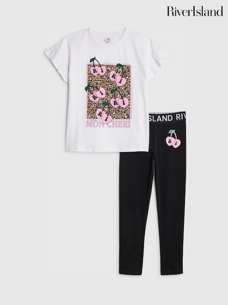 River Island White Girls Frill T-Shirt & Legging Set (G07792) | €33