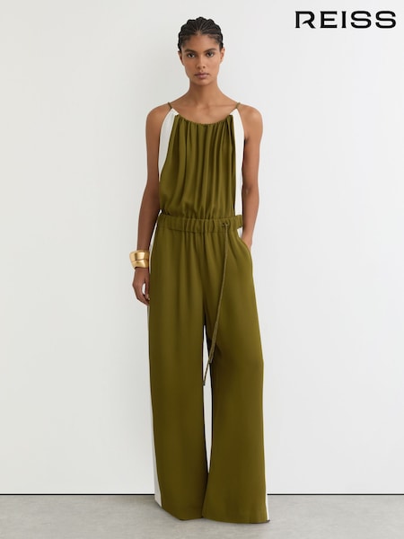 Reiss Green/Cream Inez Colourblock Gathered Wide-Leg Jumpsuit (G09131) | AED1,728