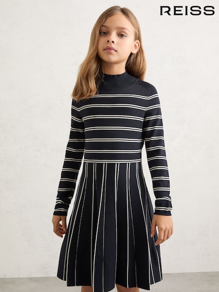 Reiss Navy/Ivory Daphne Stripe Knitted Skater Dress (G09138) | Rp 1,499,000