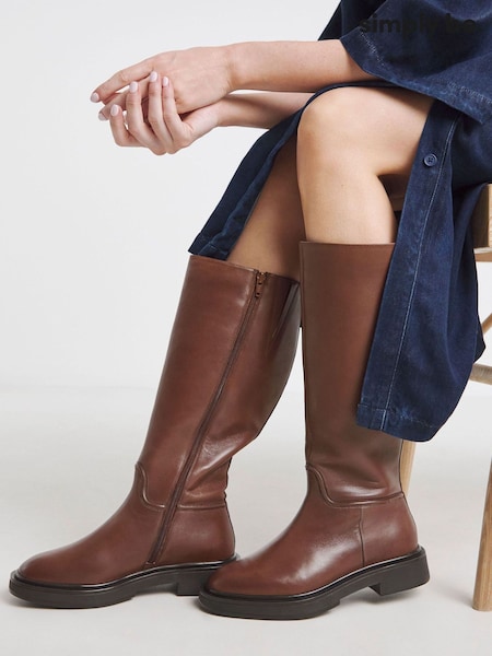 Simply Be Brown Leather Knee High Riding Boots (G09242) | €121