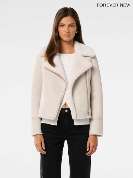 Forever New Cream Penny Faux Fur Aviator Jacket (G09522) | €156