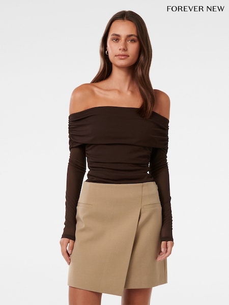 Forever New Brown Kaia Ruched Mesh Bardot Top (G09525) | R$ 445