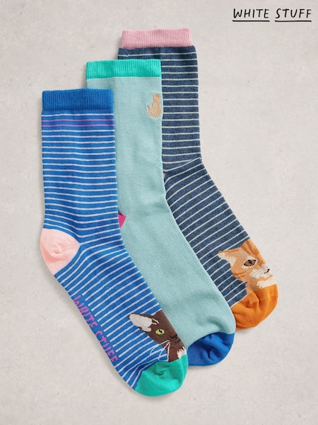 White Stuff Blue Cat Pals Ankle Socks 3 Pack (G09672) | €21