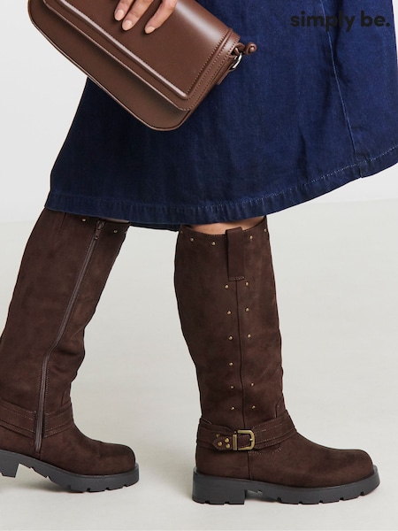 Simply Be Brown Wide Fit Studded Harness Biker Boots (G09722) | 364 QAR